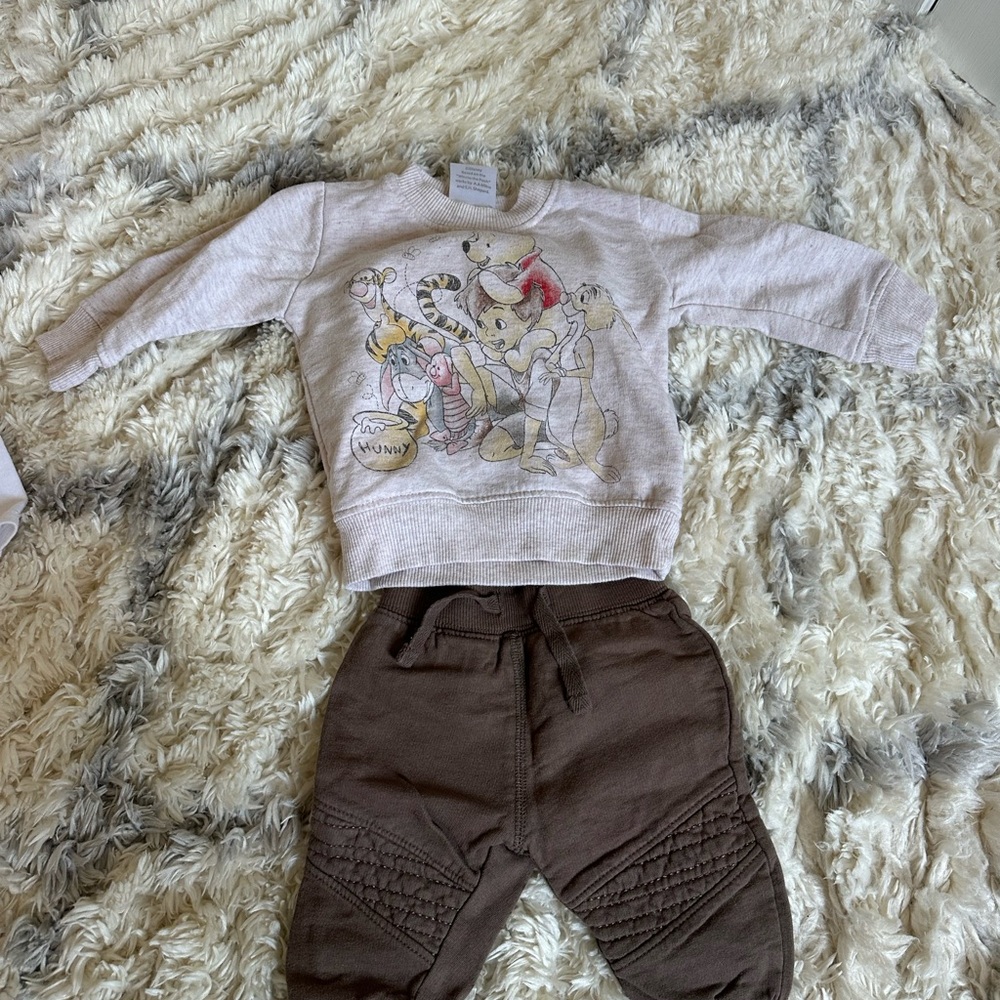 Disney Cream Sweater, White Onesie & Brown Knit Pants Set